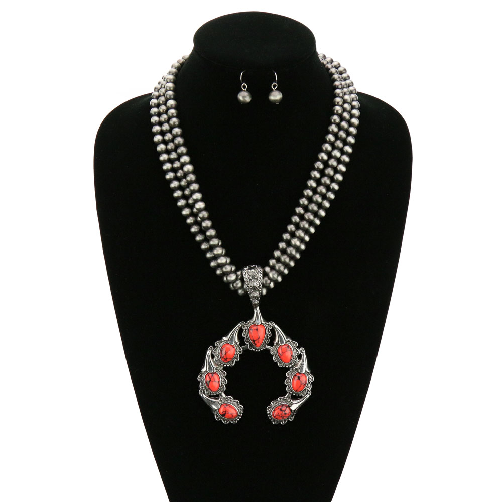 Navajo Style Pearl Squash Blossom Necklace Set - Image 2