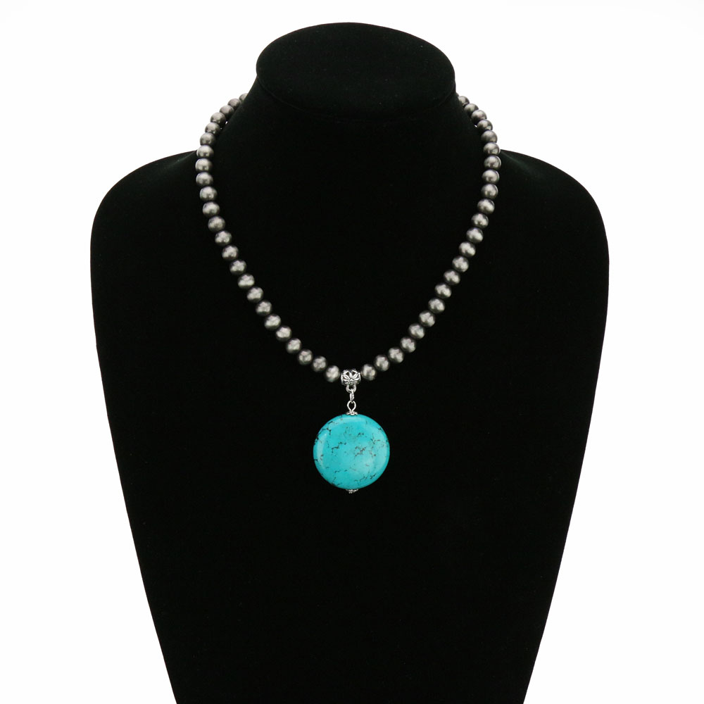 16" Long, 8mm Navajo Style Pearl Necklace, Natural Stone Pendant - Image 2