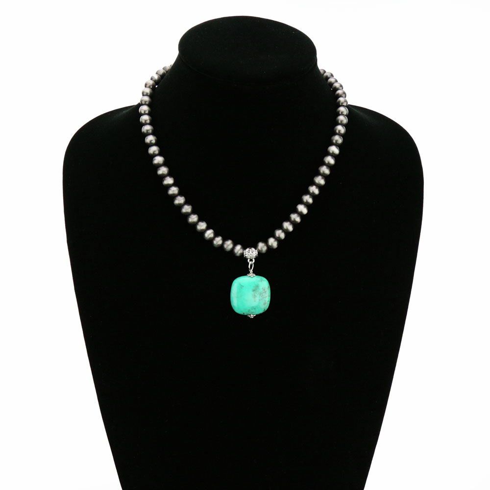 16" Long, 8mm Navajo Style Pearl Necklace, Natural Stone Pendant - Image 2