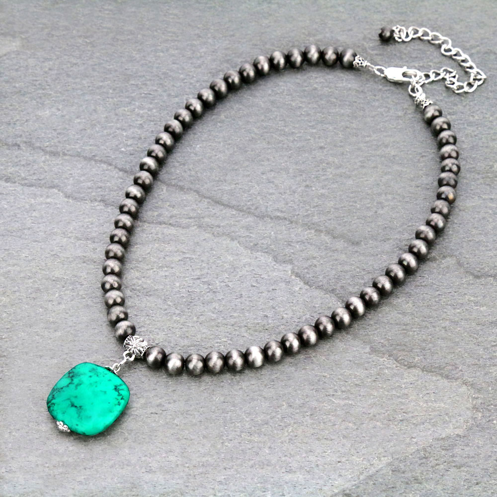 16" Long, 8mm Navajo Style Pearl Necklace, Natural Stone Pendant