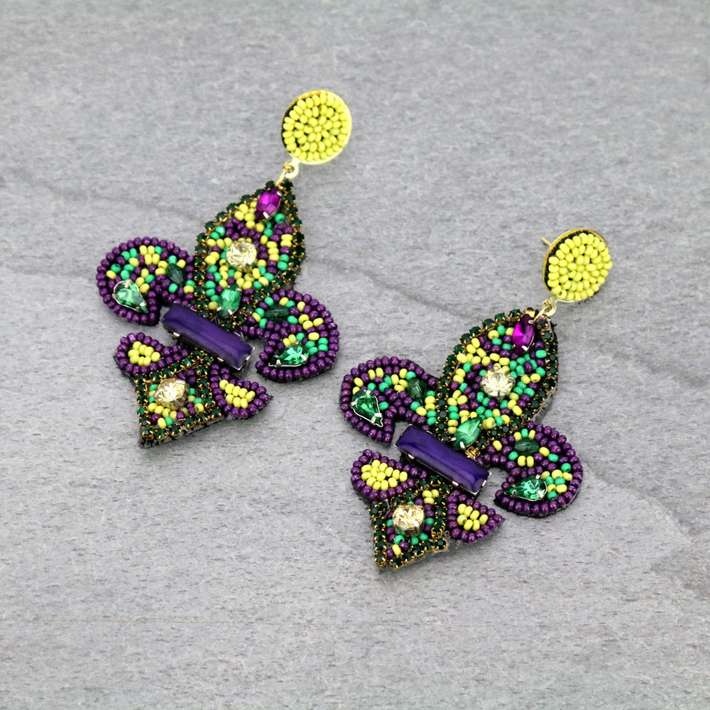 Mardi Gras Fleur De Lis Seed Bead Stud Earrings