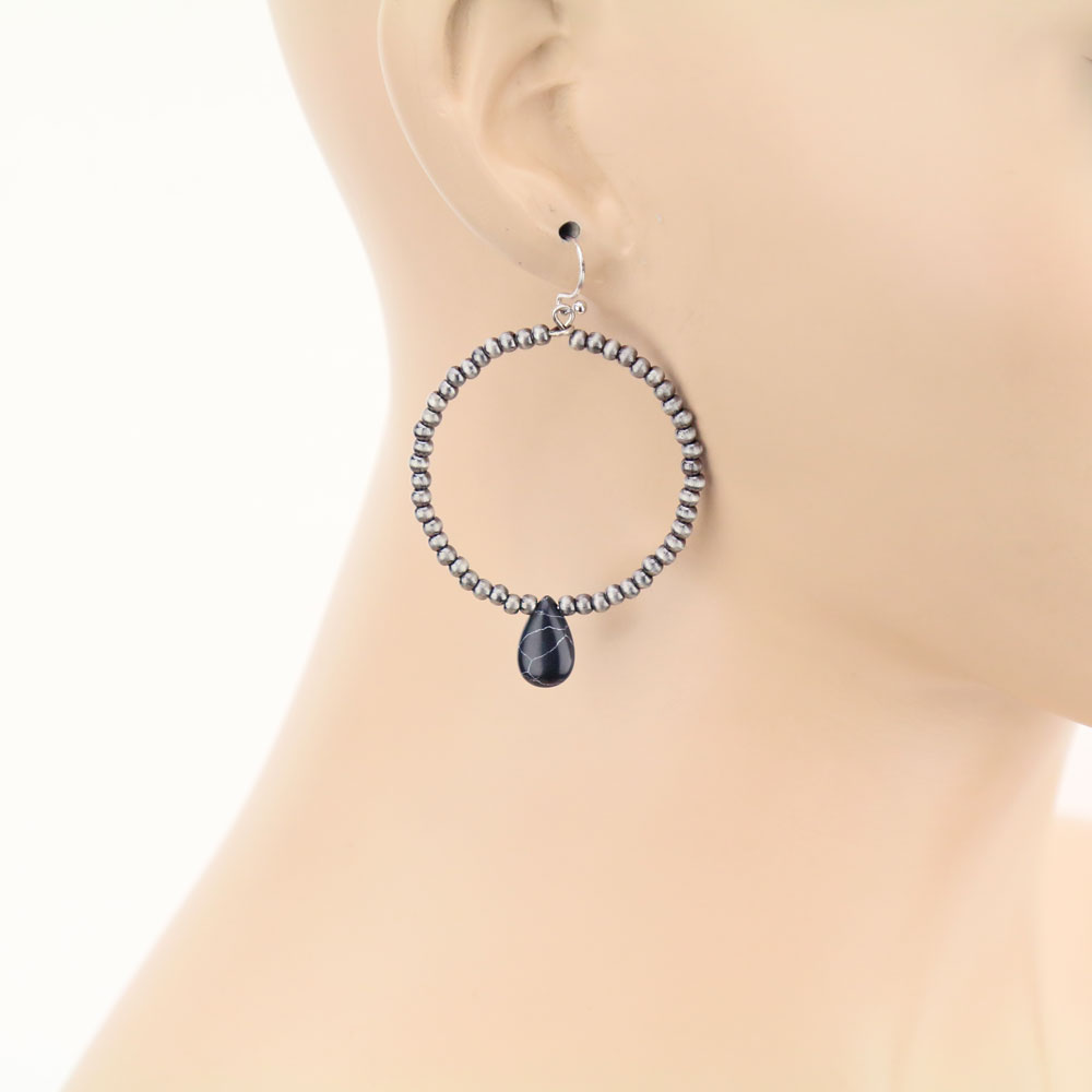 Navajo Style Pearl Hoop with Stone Dangle Earrings - Image 2