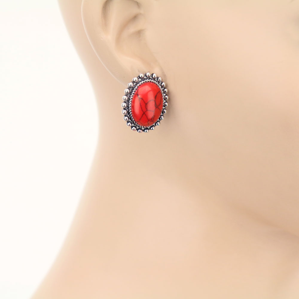 Oval Stone Stud Earrings - Image 2