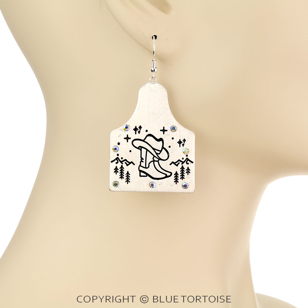 Western Cowgirl Boot Ear Tag Dangle Earrings - Image 2