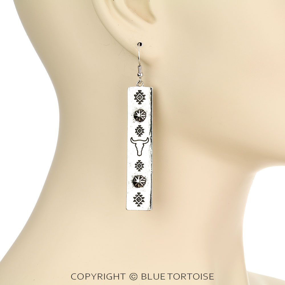 Western Steer Head Bar Dangle Earrings - Image 2