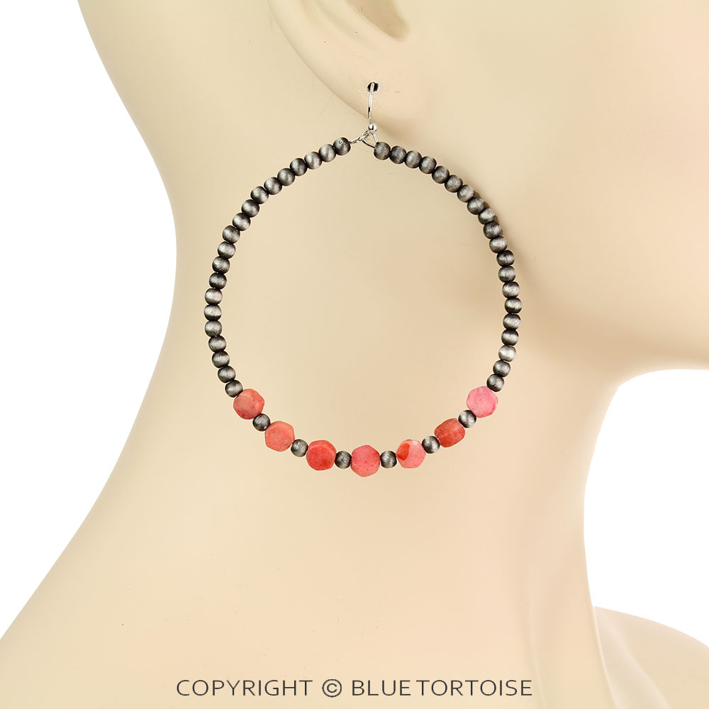 2.5" Long, Hexa 6mm Gemstone & 4mm Navajo Style Pearl, 65mm Hoop Earrings - Image 2