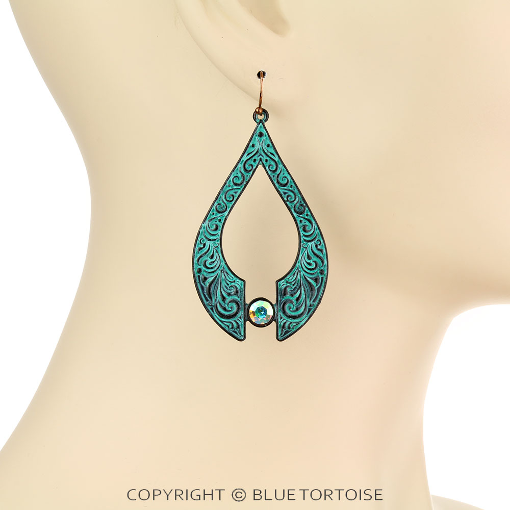 Floral Casting Teardrop with Stone Dangle Earrings - Image 2