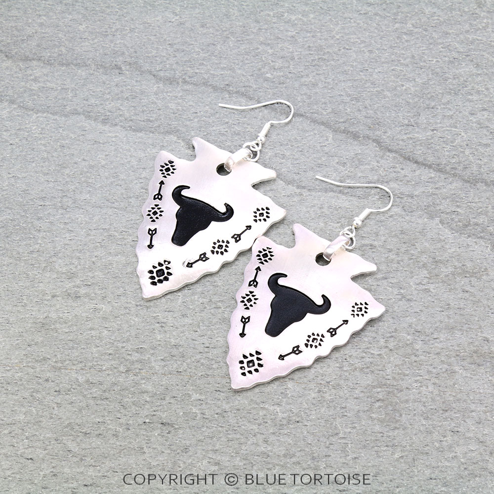 Western Steer Head Arrowhead Dangle Earrings