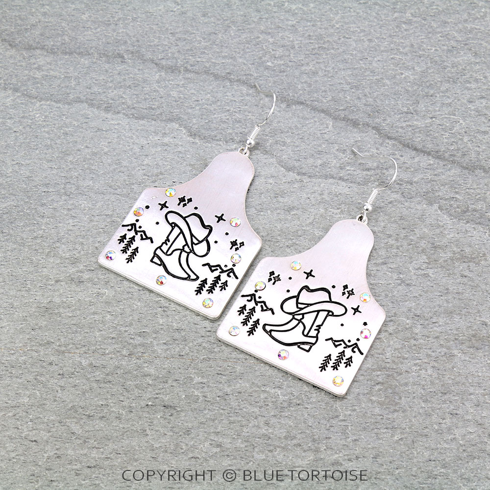 Western Cowgirl Boot Ear Tag Dangle Earrings