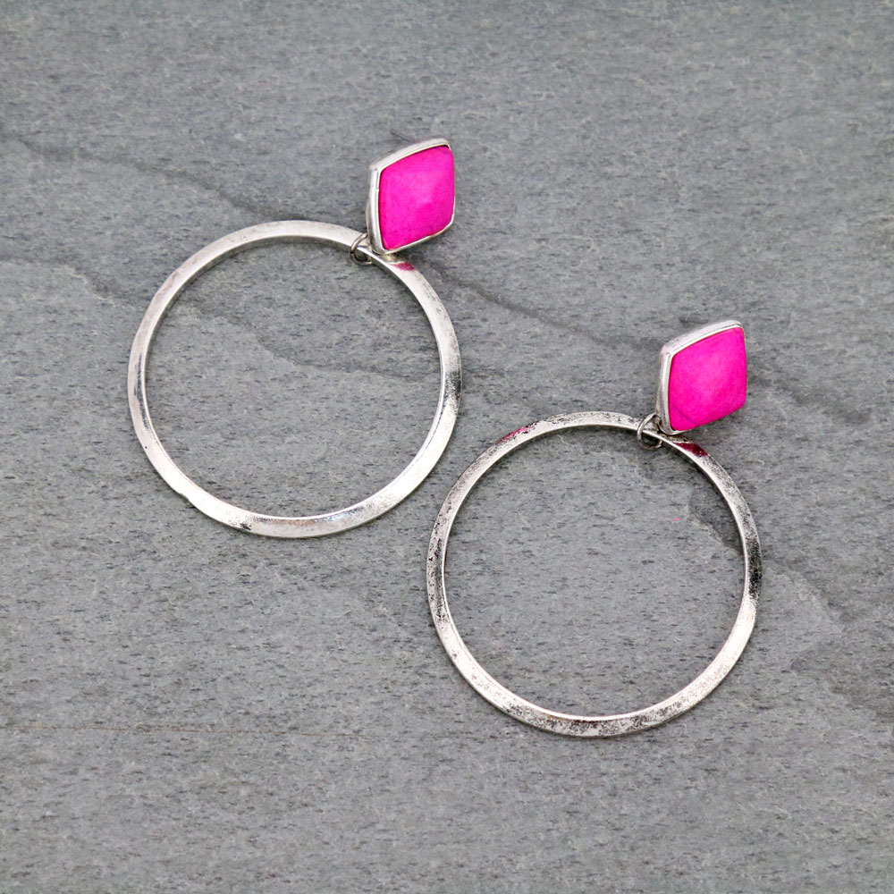 Semi Stone Hoop Stud Earrings