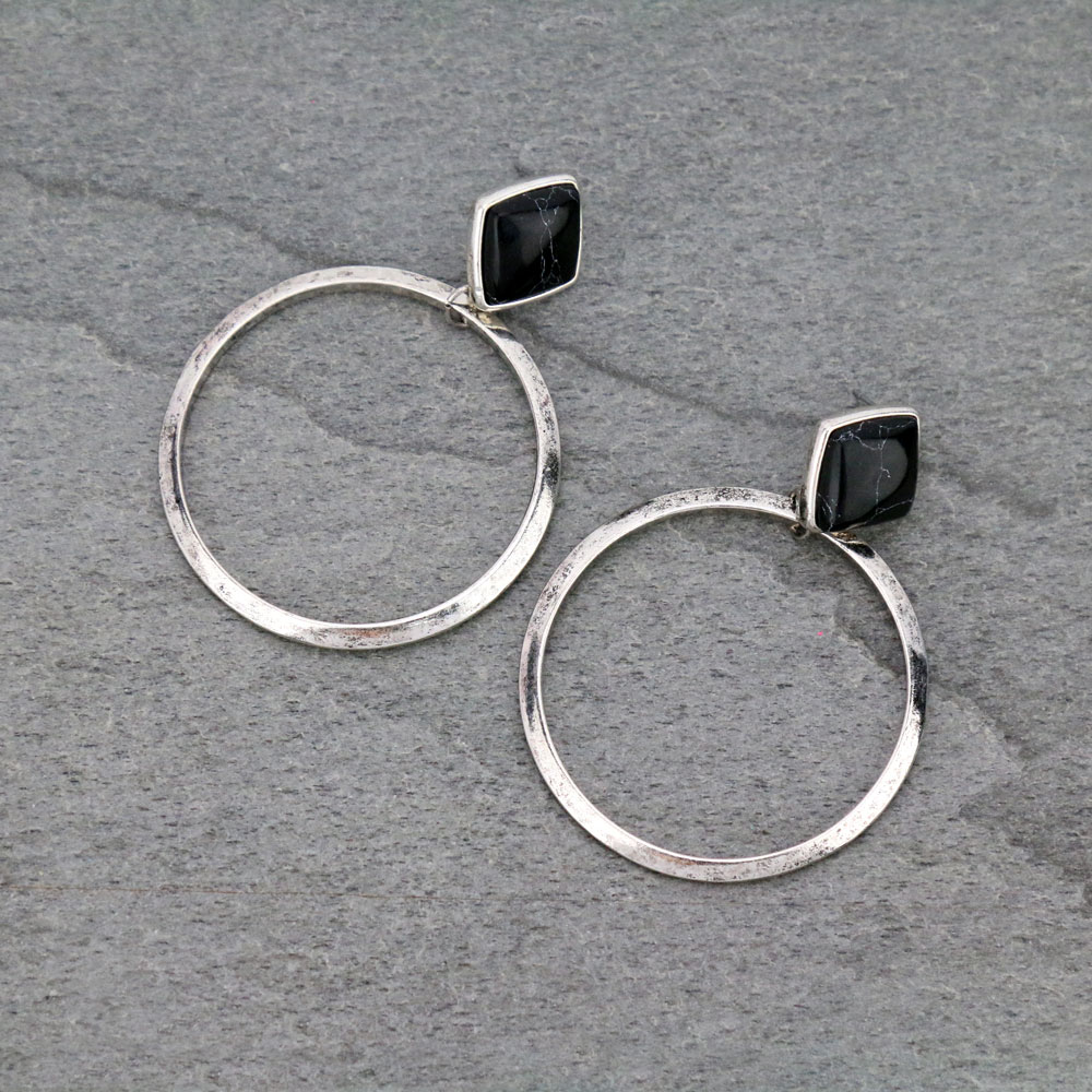 Semi Stone Hoop Stud Earrings
