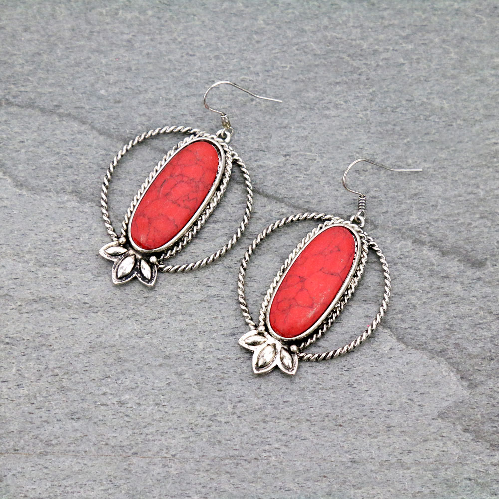 Oval Semi Stone Hoop Dangle Earrings