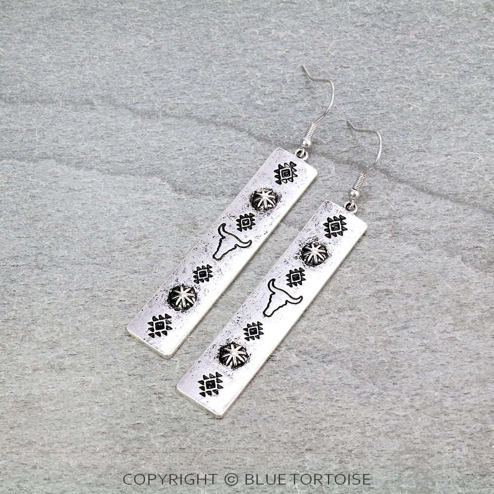 Western Steer Head Bar Dangle Earrings