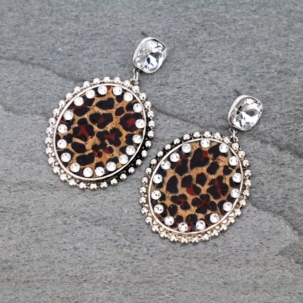 Leopard Cork Oval Stud Earrings