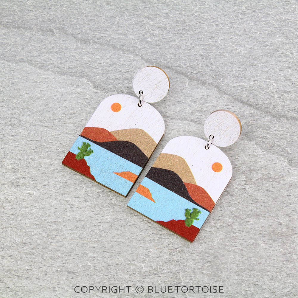 Western Cactus Landscape Wood Stud Earrings