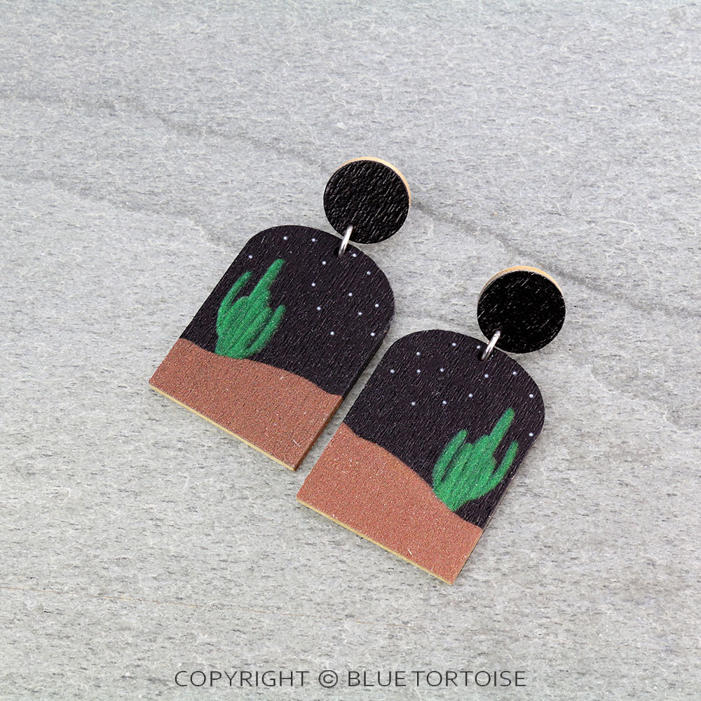 Western Cactus Landscape Wood Stud Earrings
