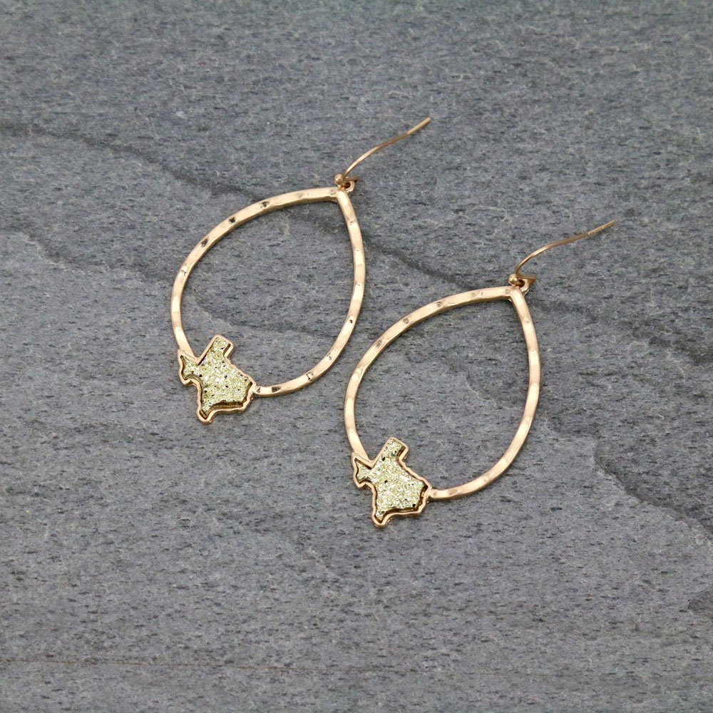 Texas Map Druzy Teardrop Dangle Earrings