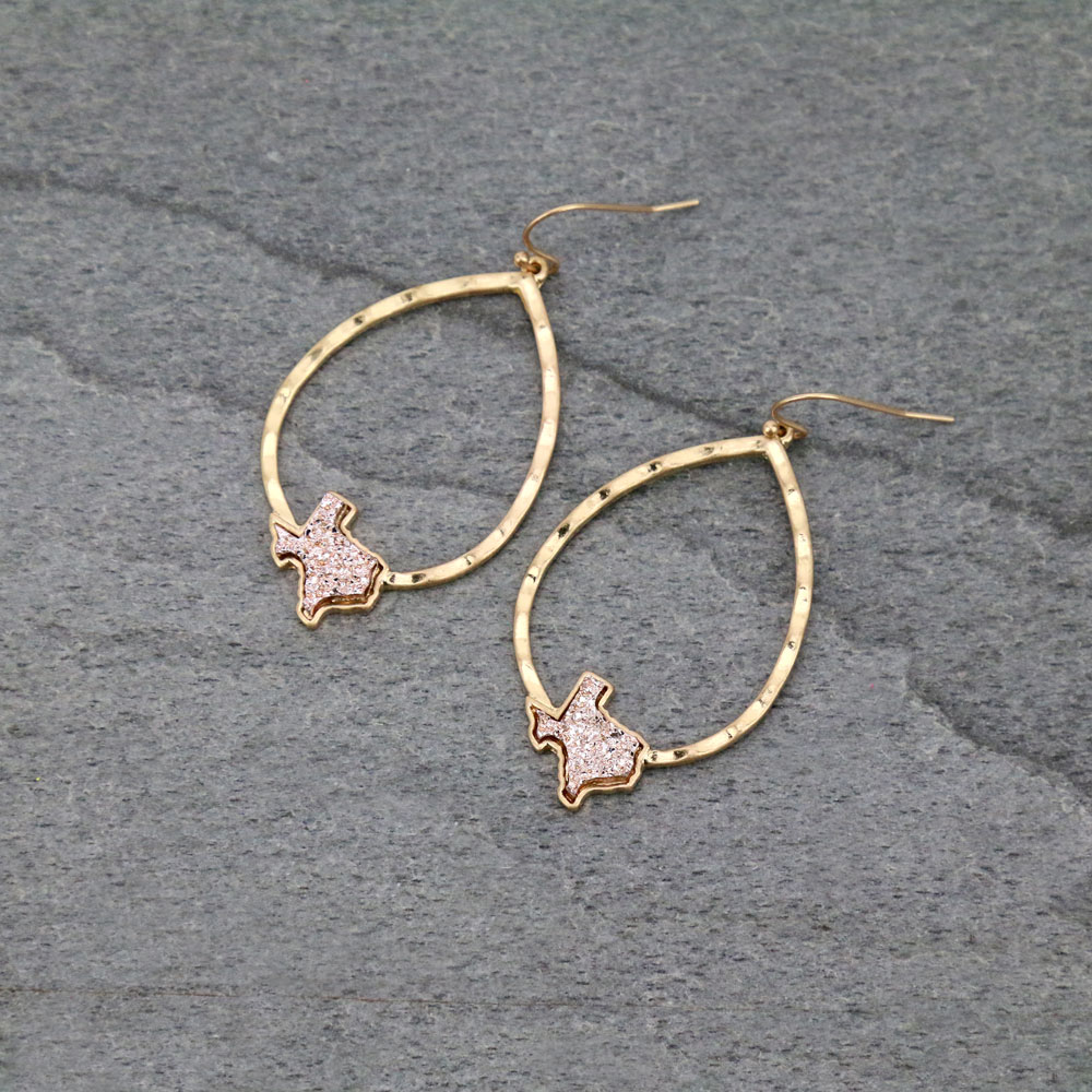 Texas Map Druzy Teardrop Dangle Earrings