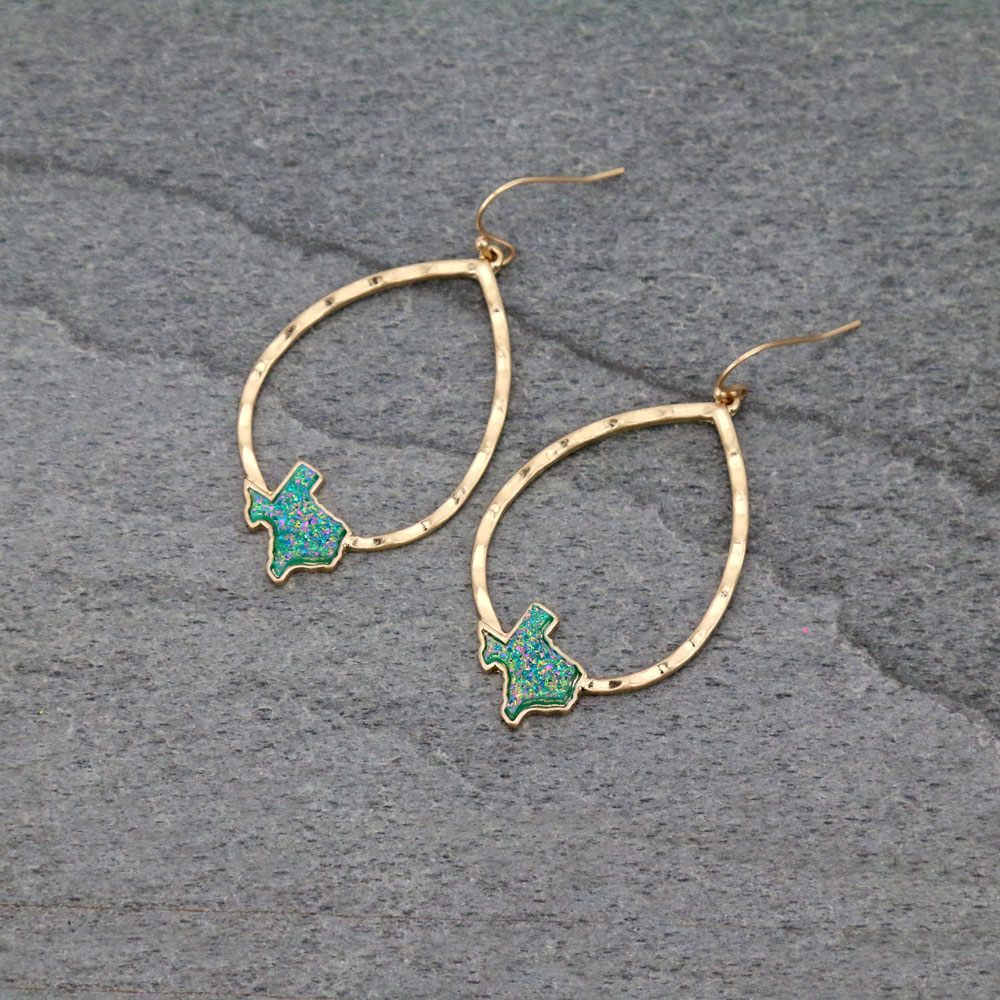 Texas Map Druzy Teardrop Dangle Earrings