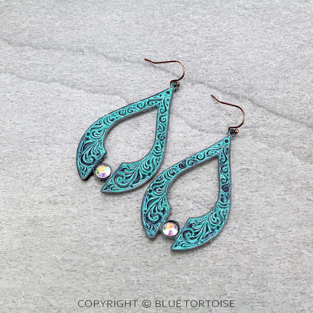 Floral Casting Teardrop with Stone Dangle Earrings