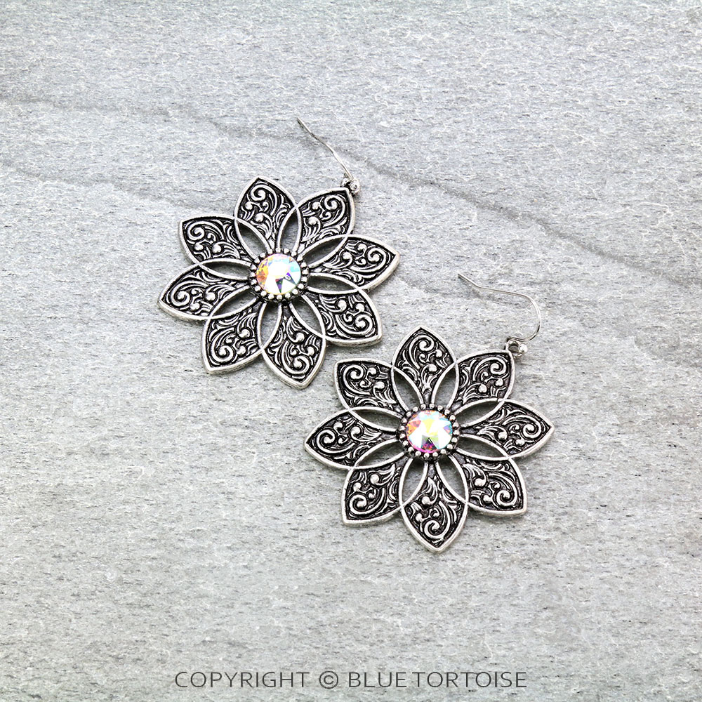 Flower Casting with Stone Dangle Earrings