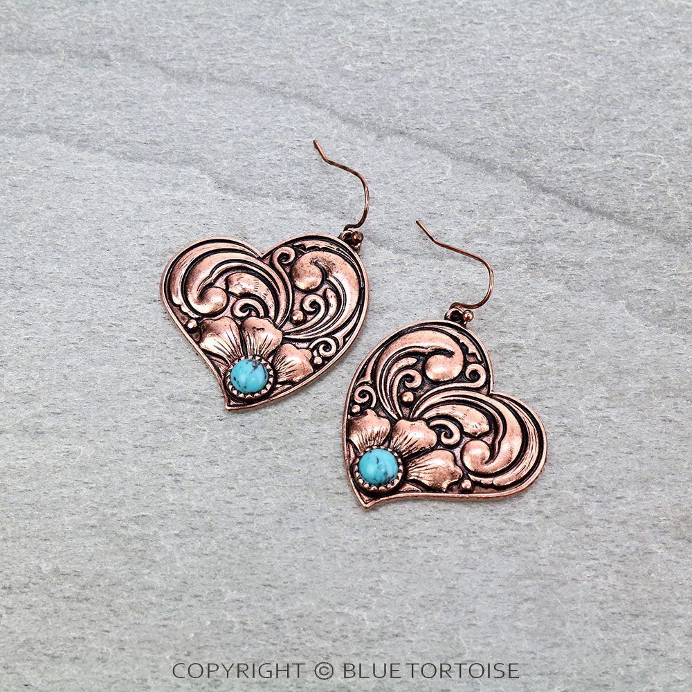 Floral Casting Heart with Stone Dangle Earrings