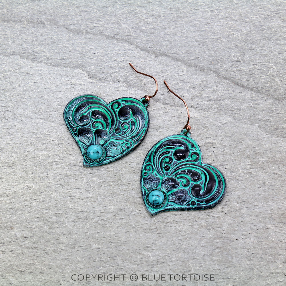 Floral Casting Heart with Stone Dangle Earrings
