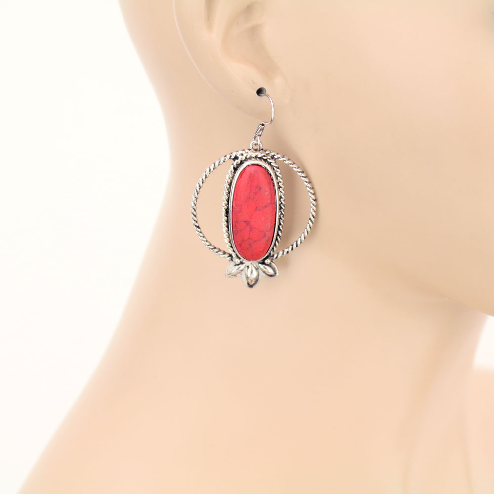 Oval Semi Stone Hoop Dangle Earrings - Image 2