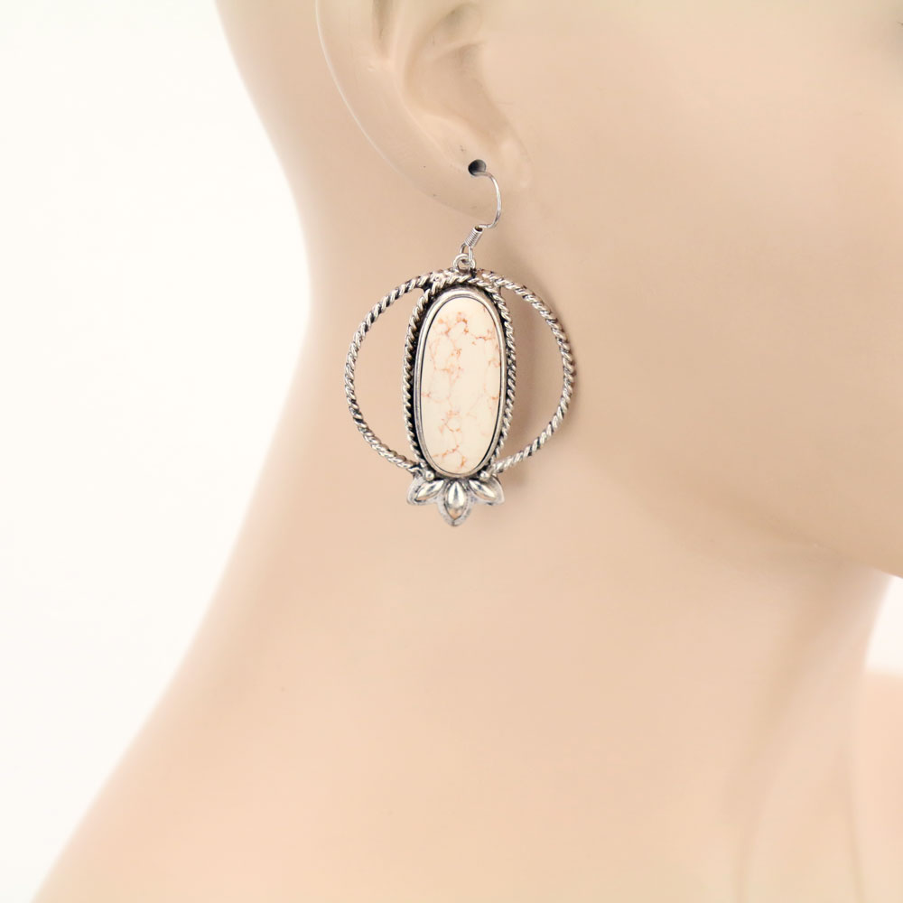 Oval Semi Stone Hoop Dangle Earrings - Image 2