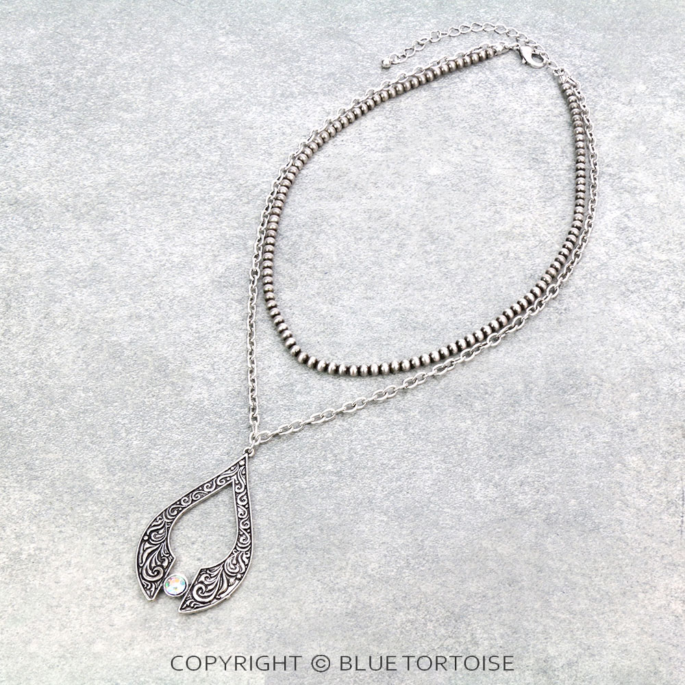Floral Casting Teardrop with Stone 2Row Necklace