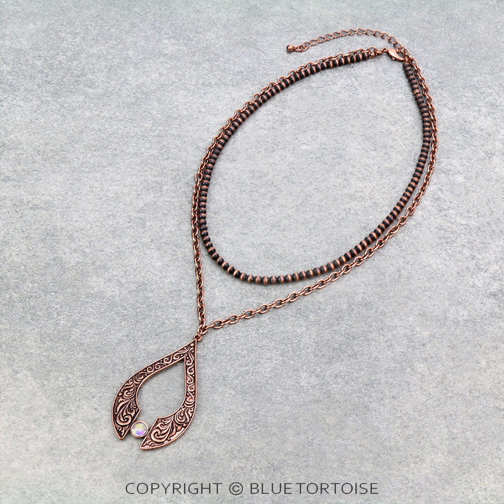 Floral Casting Teardrop with Stone 2Row Necklace