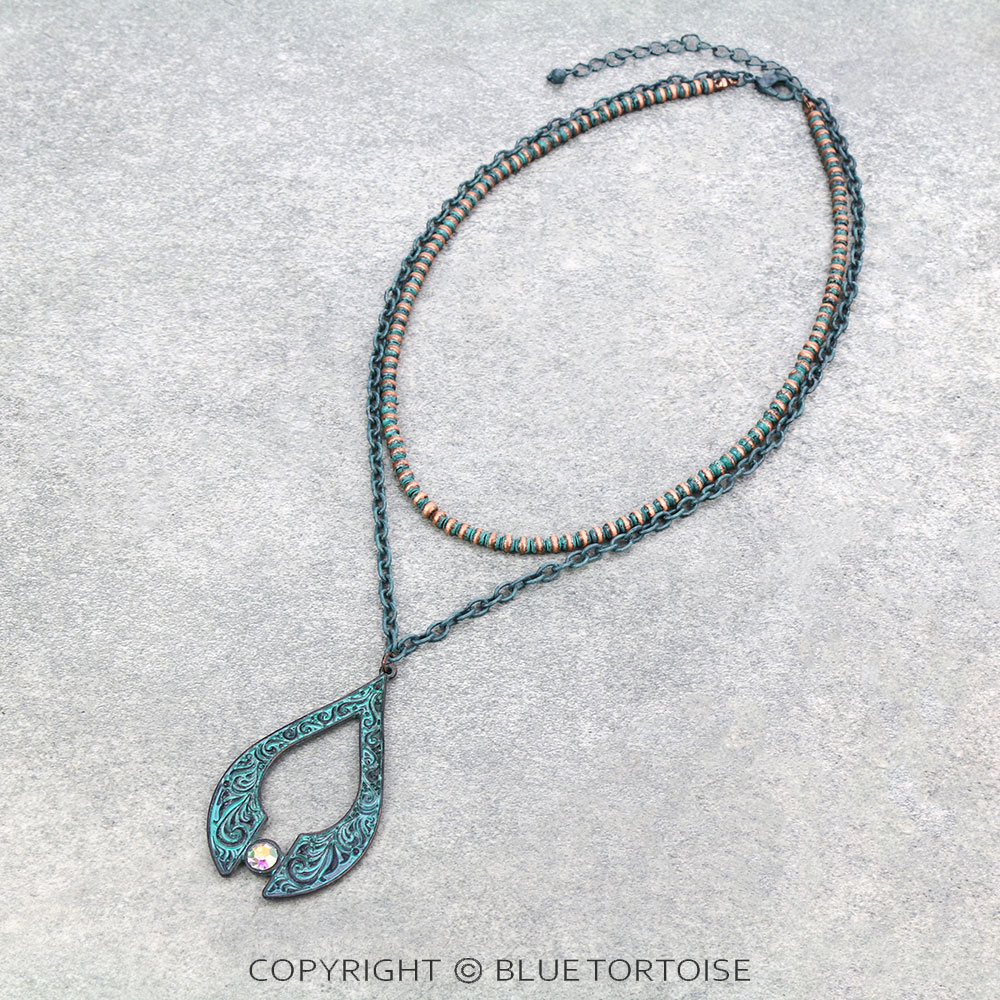 Floral Casting Teardrop with Stone 2Row Necklace