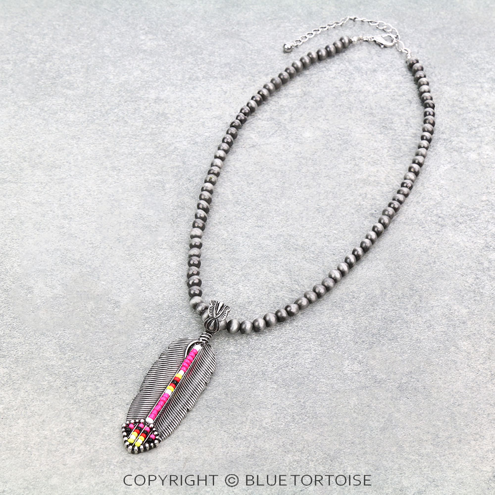 Western Seed Bead Feather Pendant Necklace