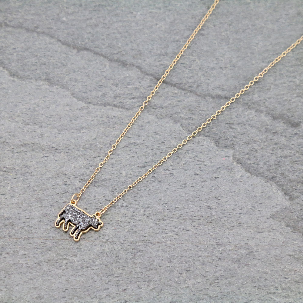 Farm Animal Cow Druzy Stone Necklace