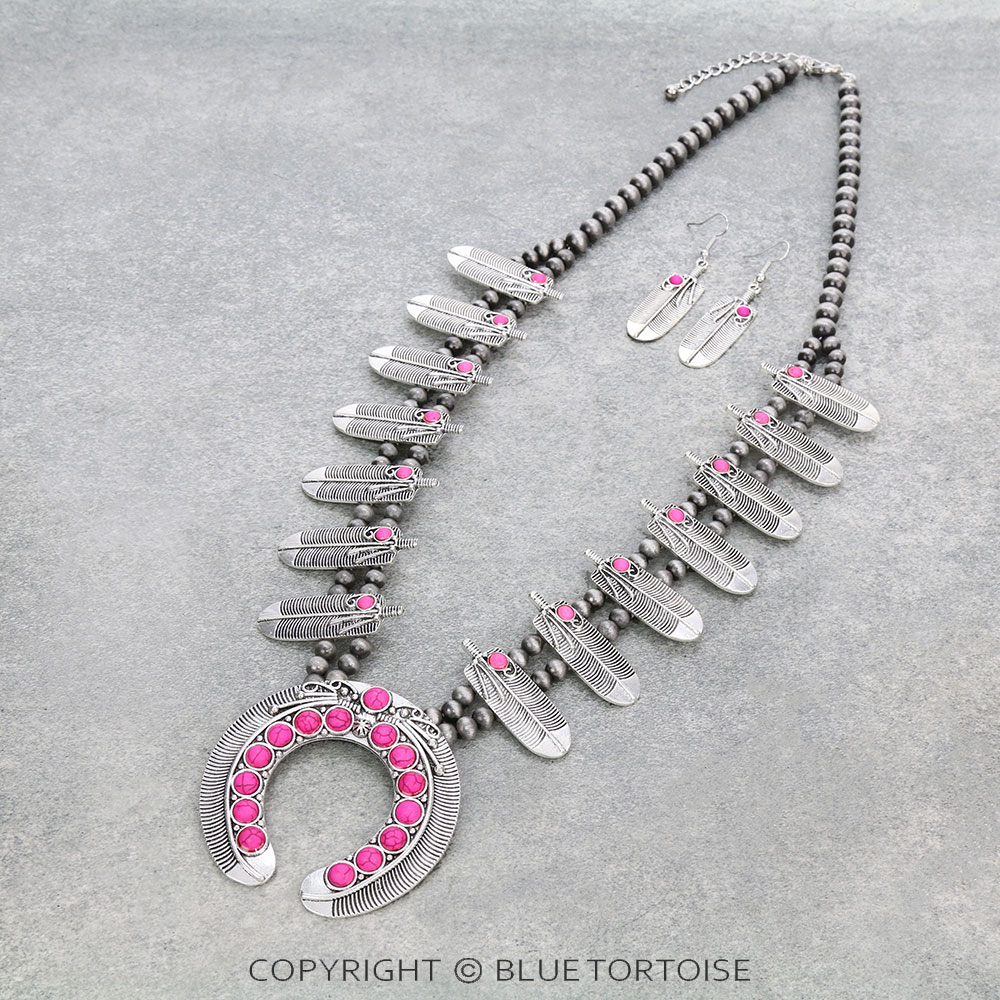 Western Feather Squash Blossom Stone Necklace Set