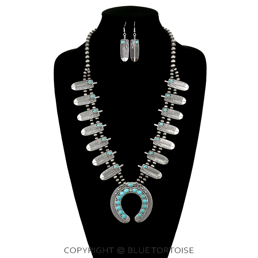 Western Feather Squash Blossom Stone Necklace Set - Image 2