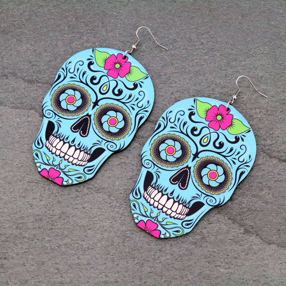 Large Sugar Skull Wood Dangle Earrings