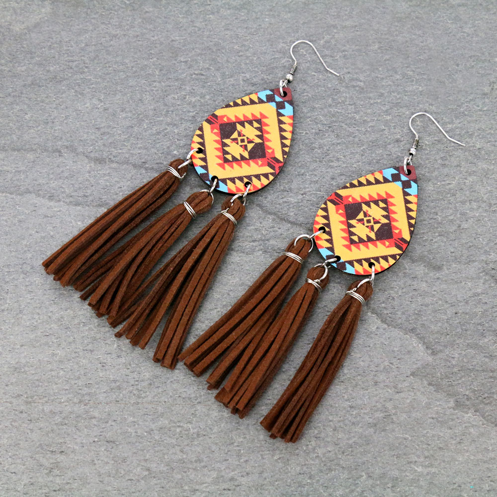 Navajo Style Wood Teardrop Tassel Dangle Earrings