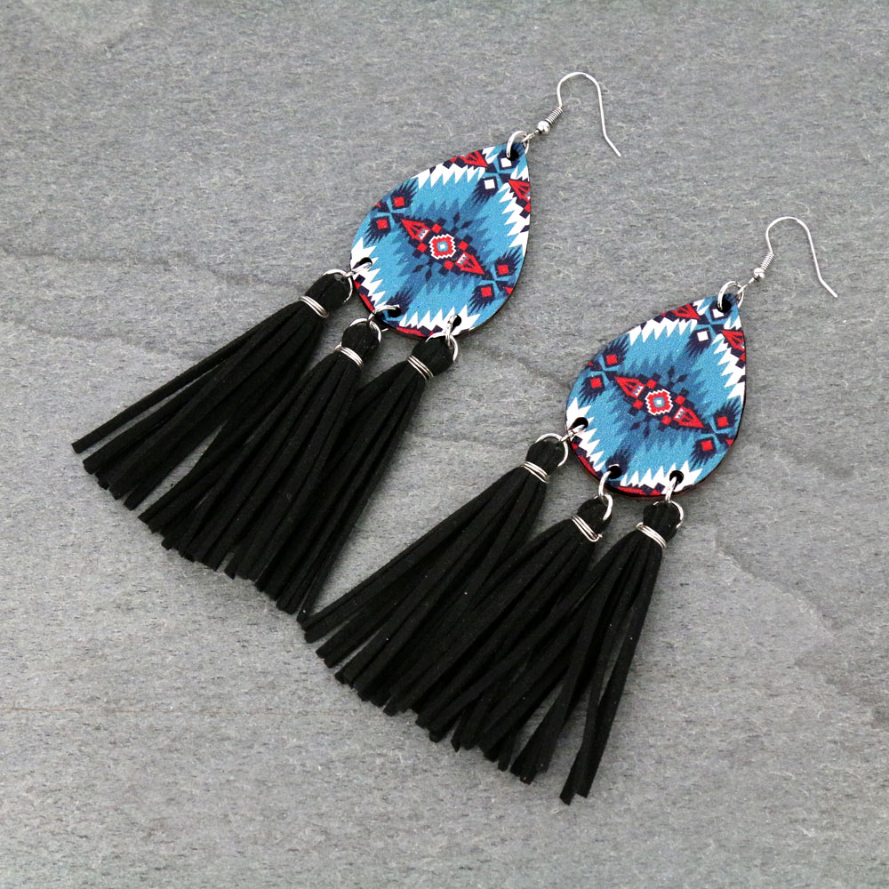 Navajo Style Wood Teardrop Tassel Dangle Earrings