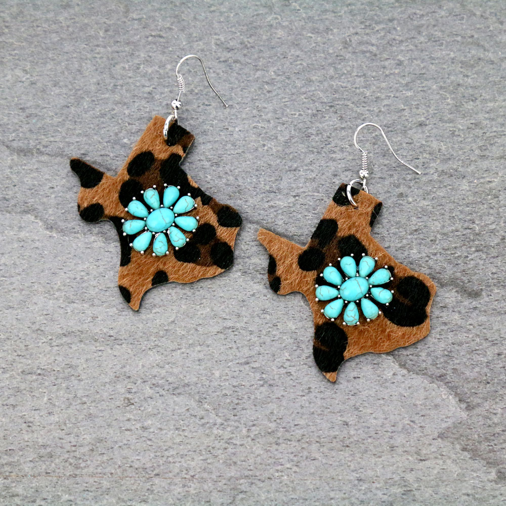 Western Leather Texas Map with Stone Fish Hook Earrings
