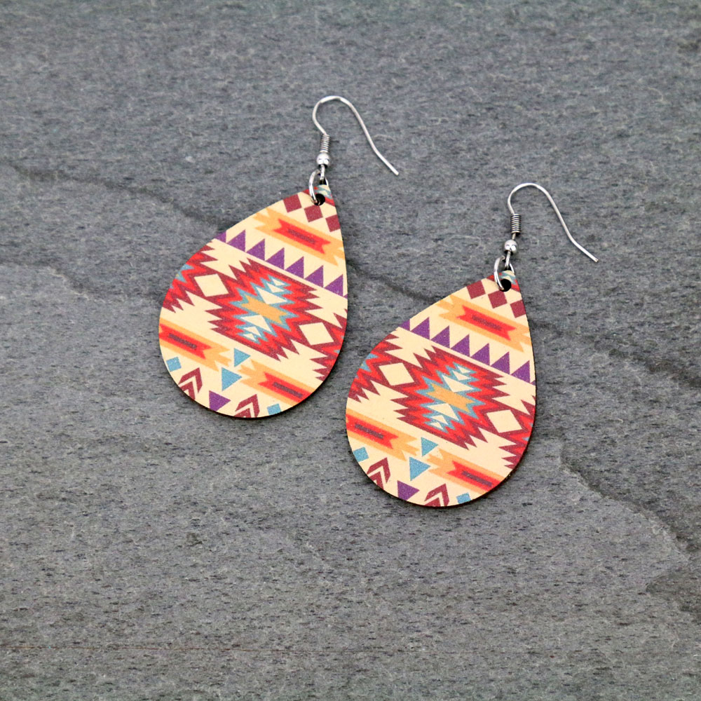 Navajo Style Wood Teardrop Dangle Earrings