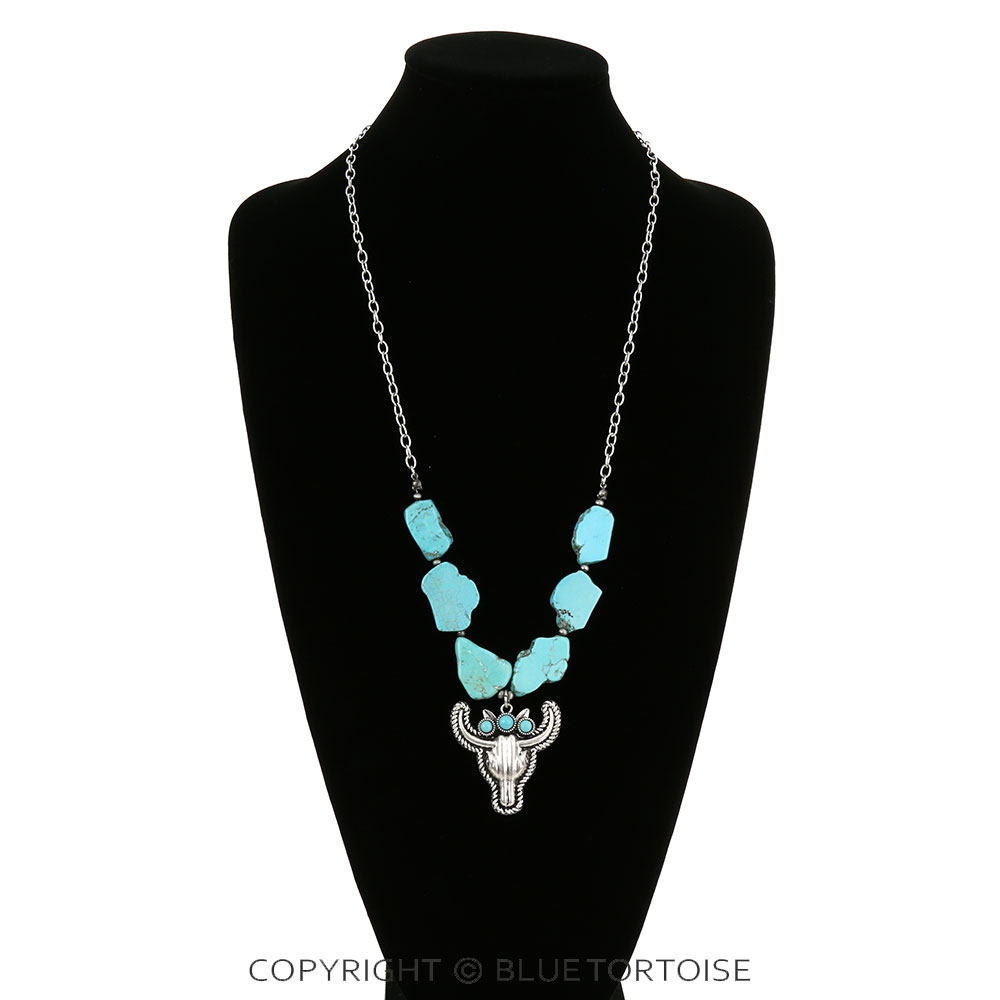 Western Steer Skull Slab Stone Necklace - Image 2
