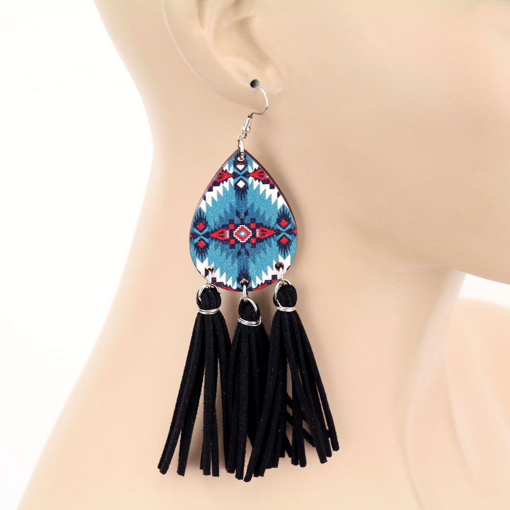 Navajo Style Wood Teardrop Tassel Dangle Earrings - Image 2