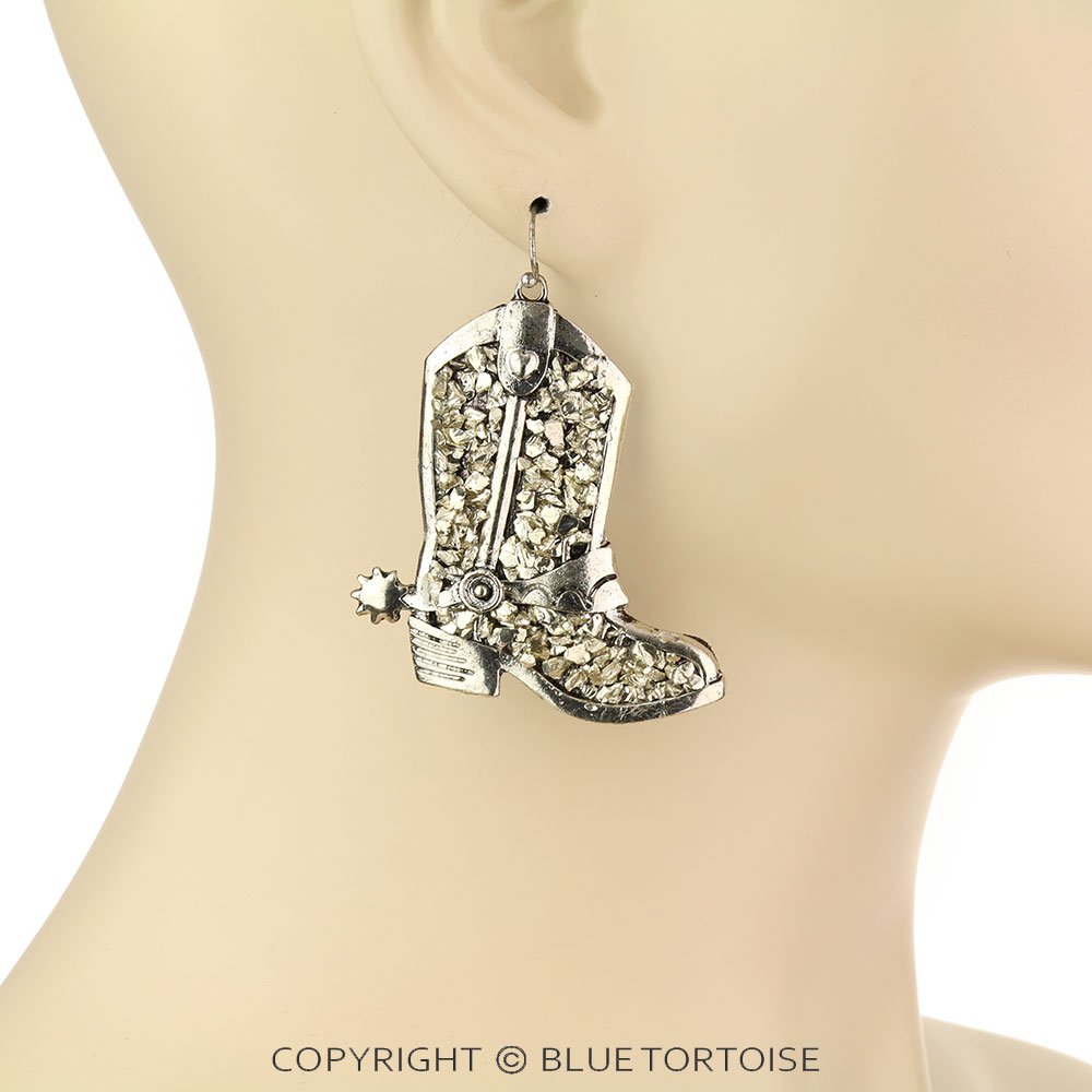 Western Cowboy Boot Chip Stone Dangle Earrings - Image 2
