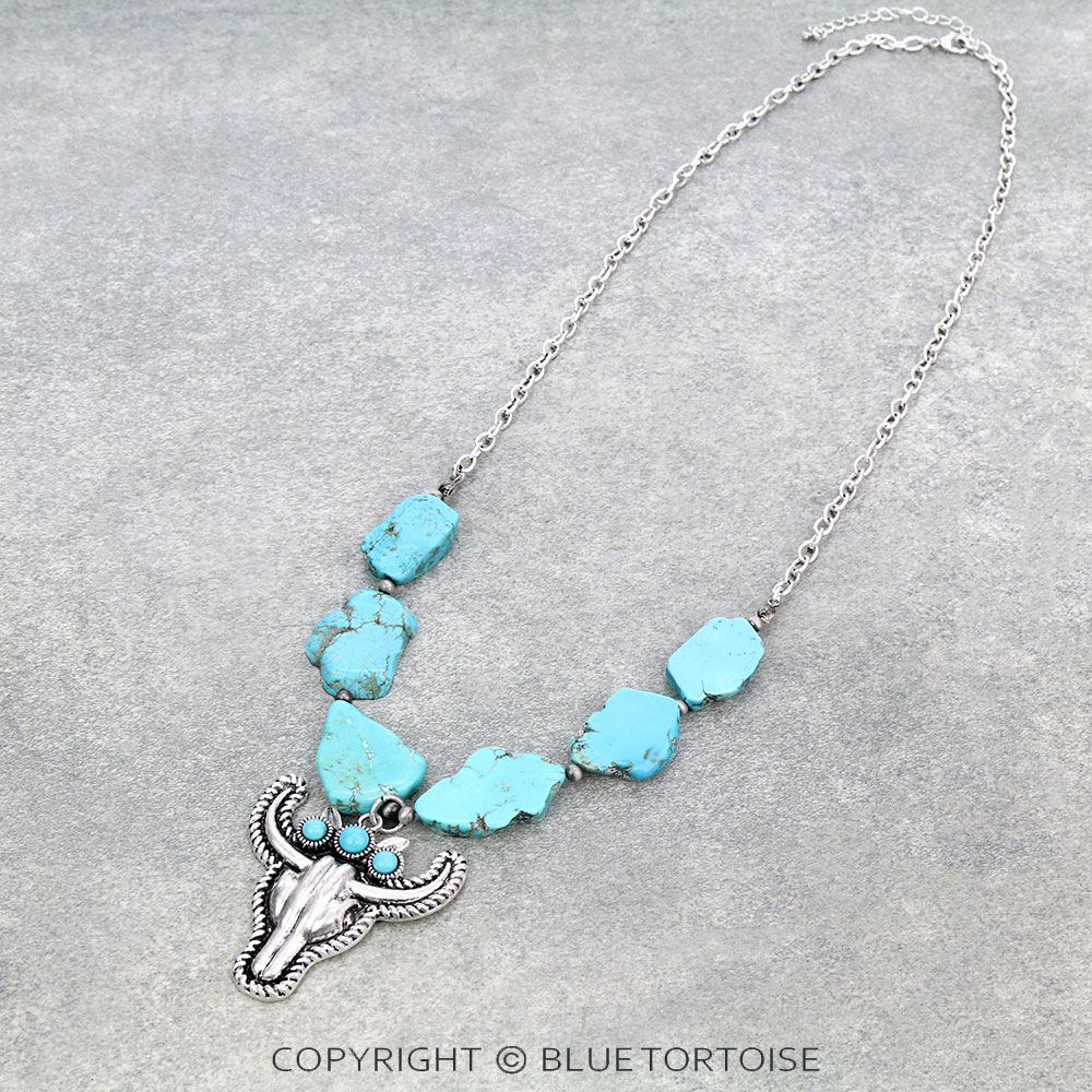 Western Steer Skull Slab Stone Necklace