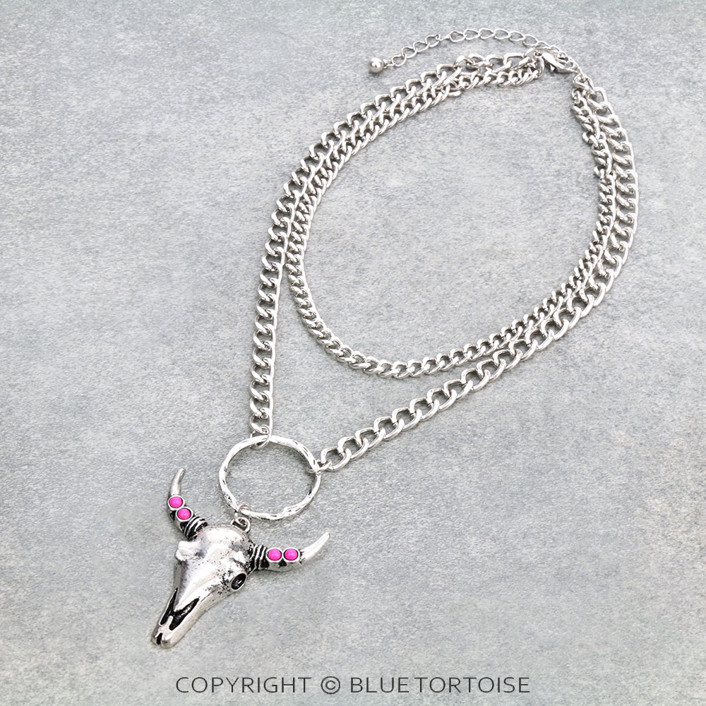 Western Steer Skull 2 Layered Chain Necklace