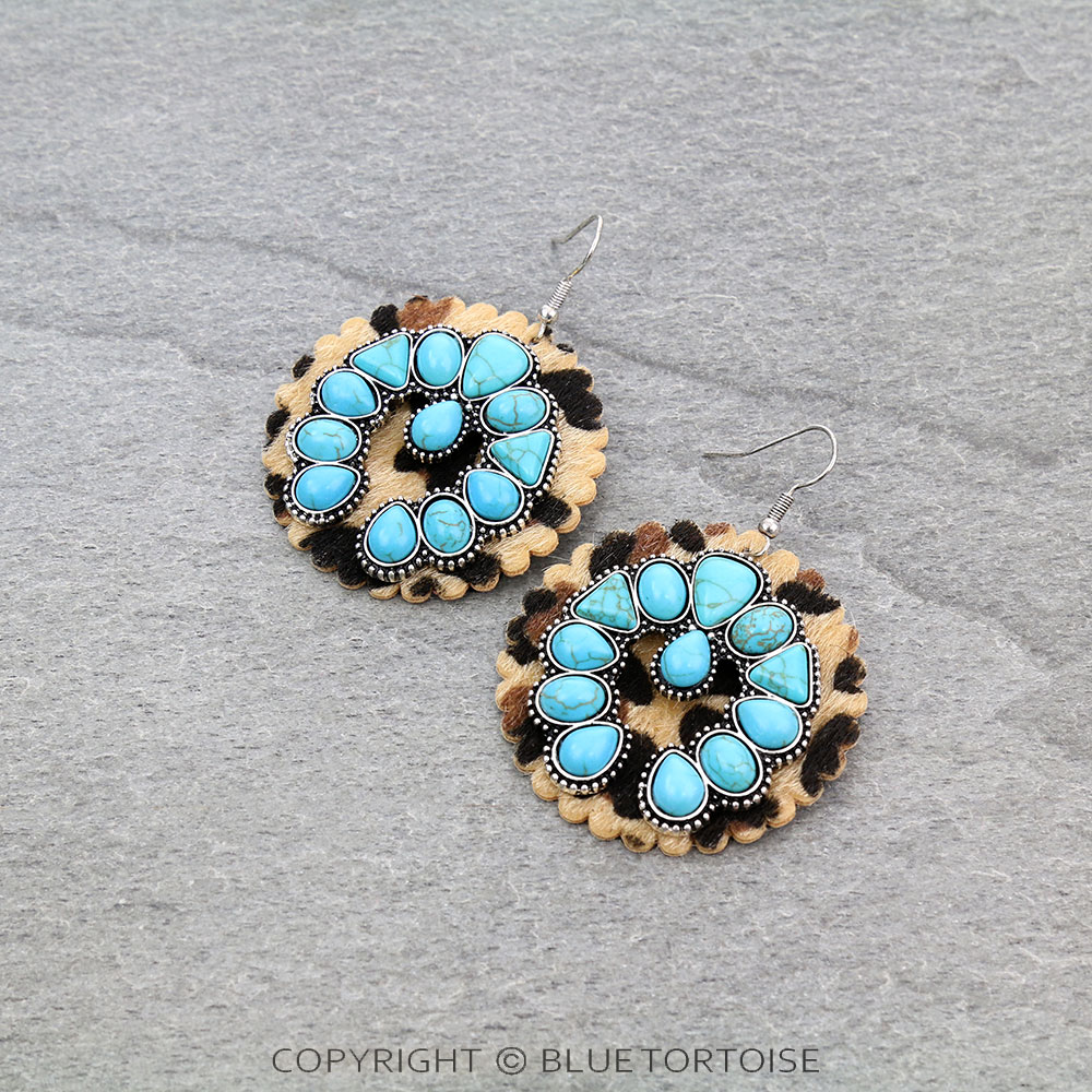 Western Squash Blossom Stone Leopard Dangle Earrings