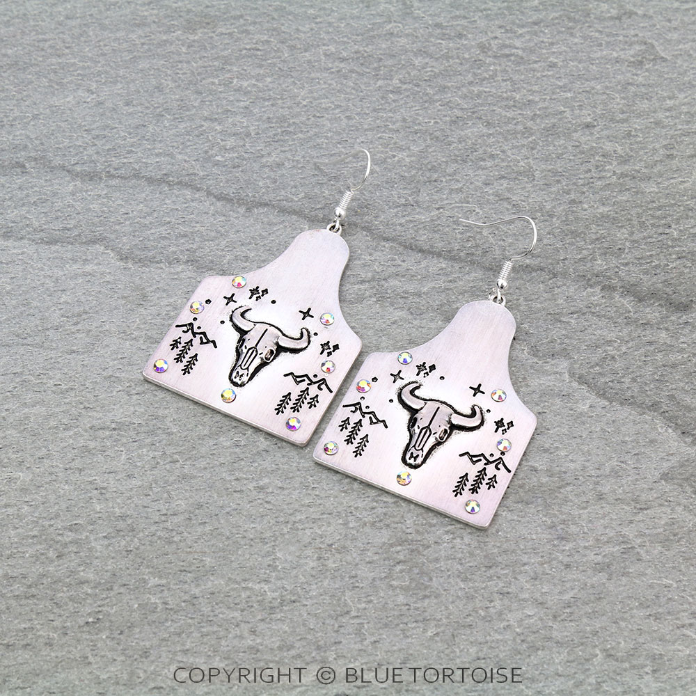 Western Steer Skull Ear Tag Dangle Earrings