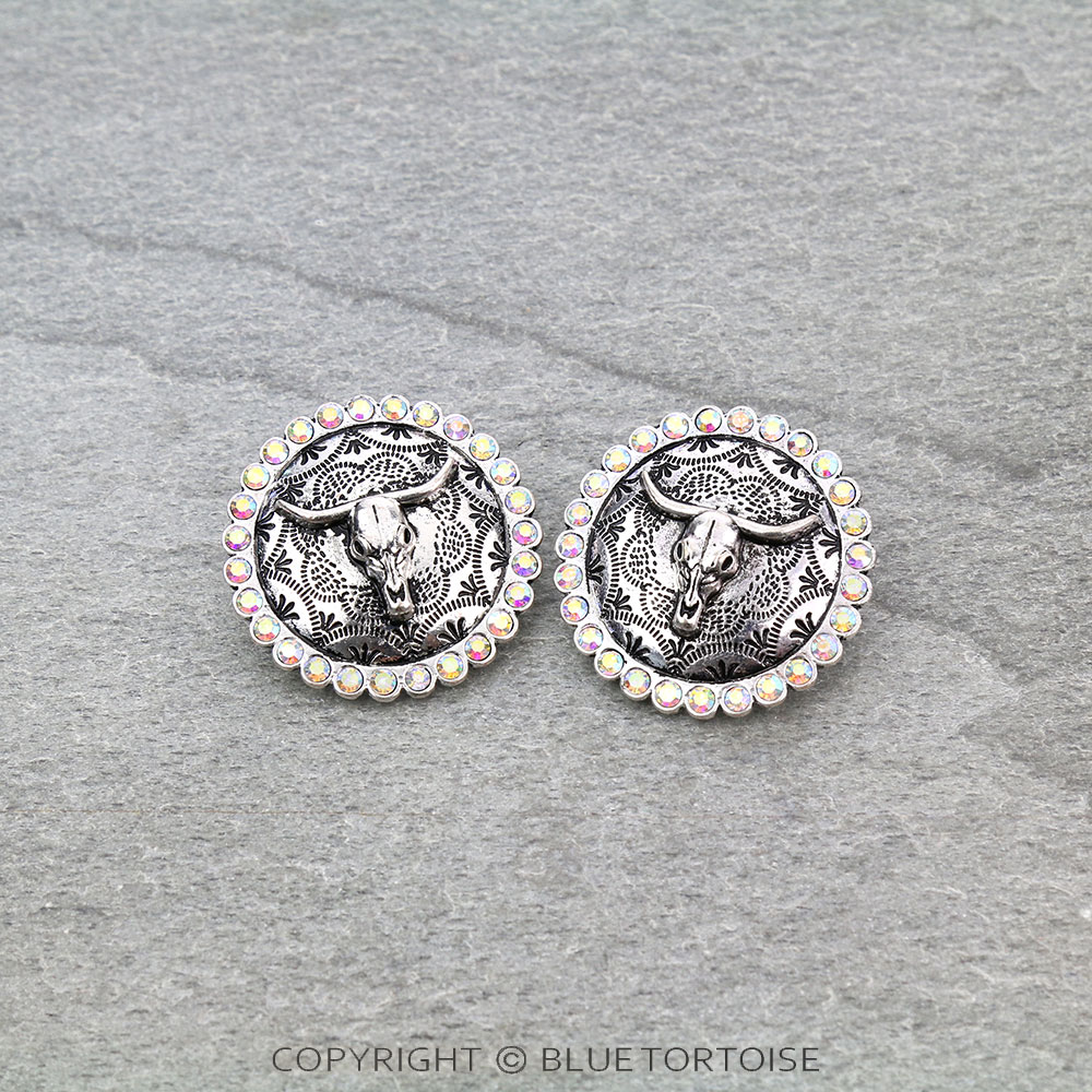 Western Steer Skull with Stone Stud Earrings