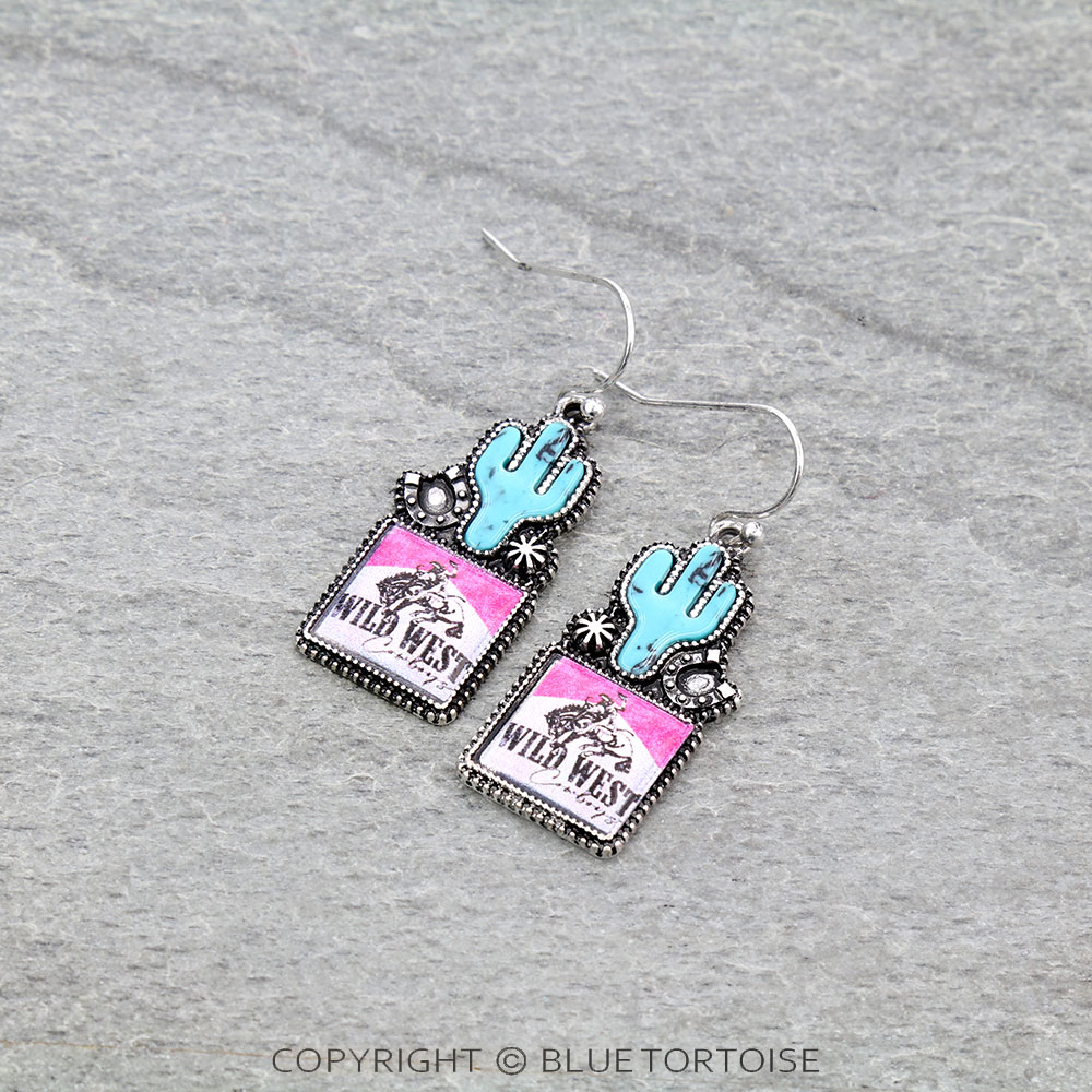 Western Cactus with Rodeo Logo Dangle Earrings